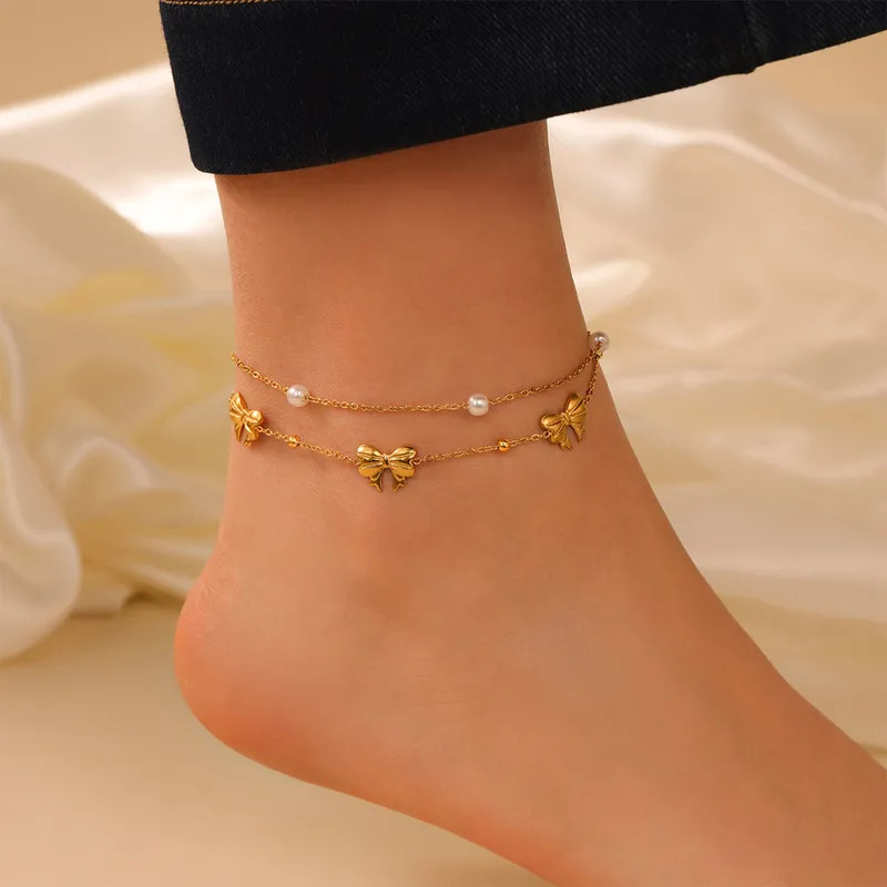 Bowtie Pearl Double-Layer Anklet