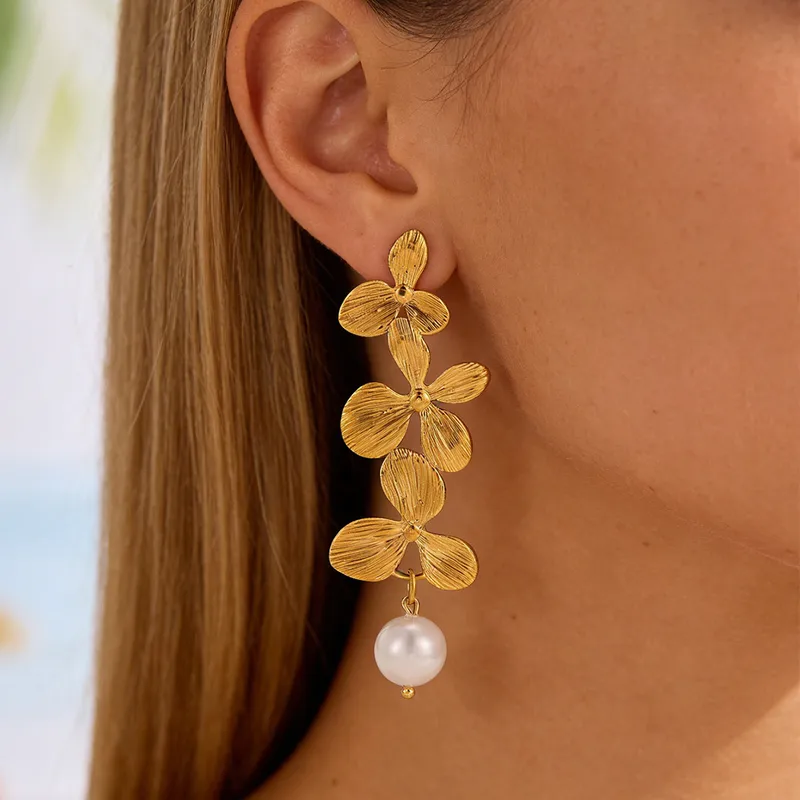 Golden Bloom Pearl Drop Earrings